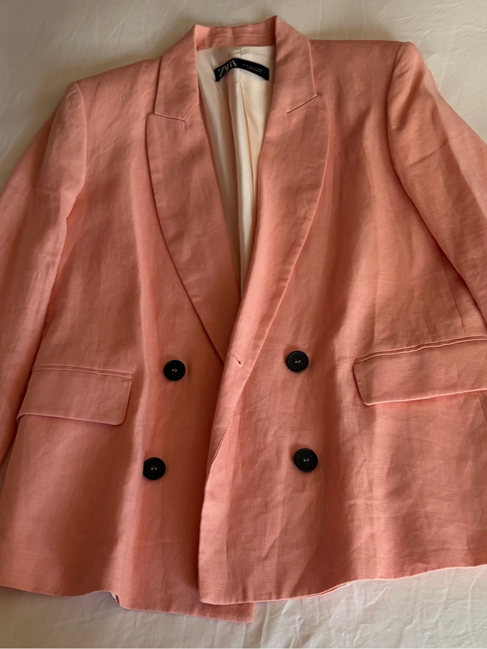 Zara Coral Pink Double-Breasted Linen Blend Blazer